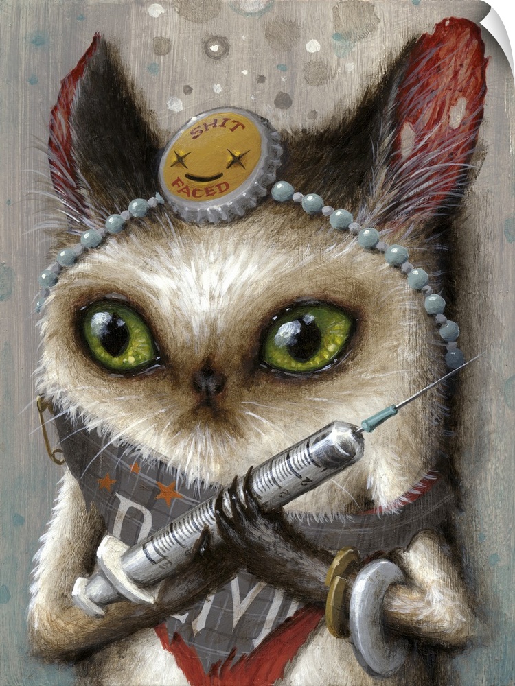 Surrealist painting of a cat-like creature holding a syringe.