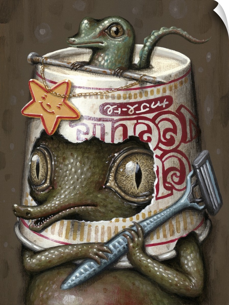 Surrealist painting of an alligator wearing a cup-o-noodles container for a hat and holding a disposable razor, with a lit...