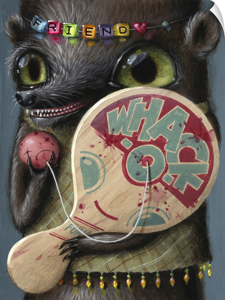 Surrealist painting of an animal wearing a colorful bracelet around its head and holding a paddle ball game.