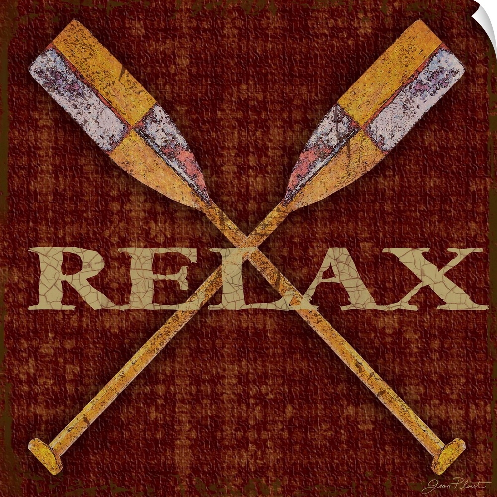 Home decor artwork of crossed rowboat oars against a dark red background with the word Relax in gold lettering.