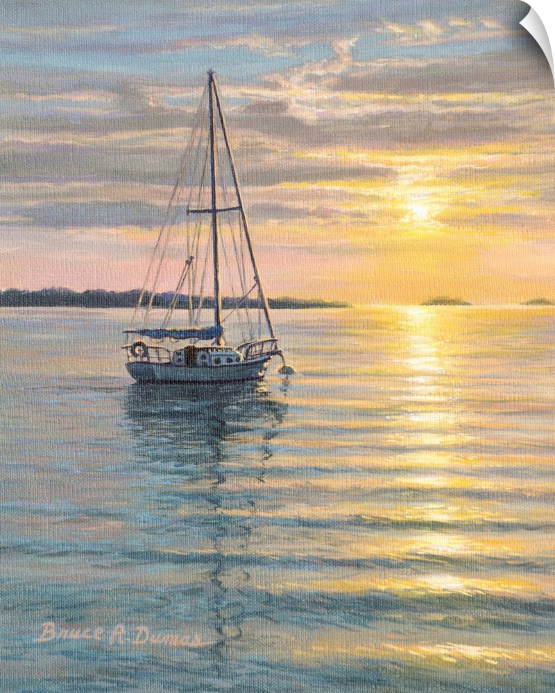 Contemporary artwork of a sailboat with sunset.
