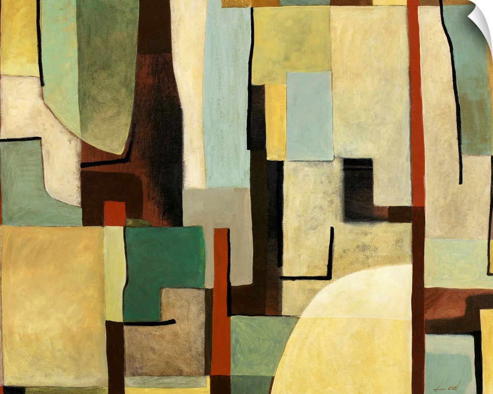 Contemporary abstract painting warm and cool tones in geometric shapes.