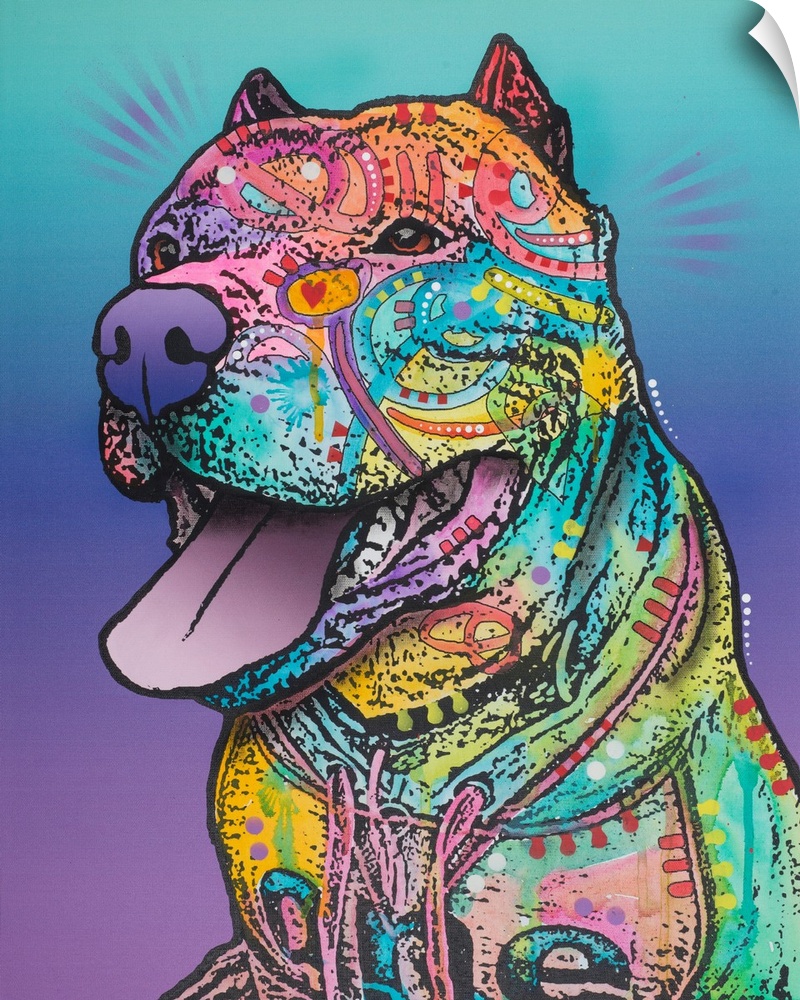 Illustration of a pit bull made with different colors and shaped designs on a blue and purple background.