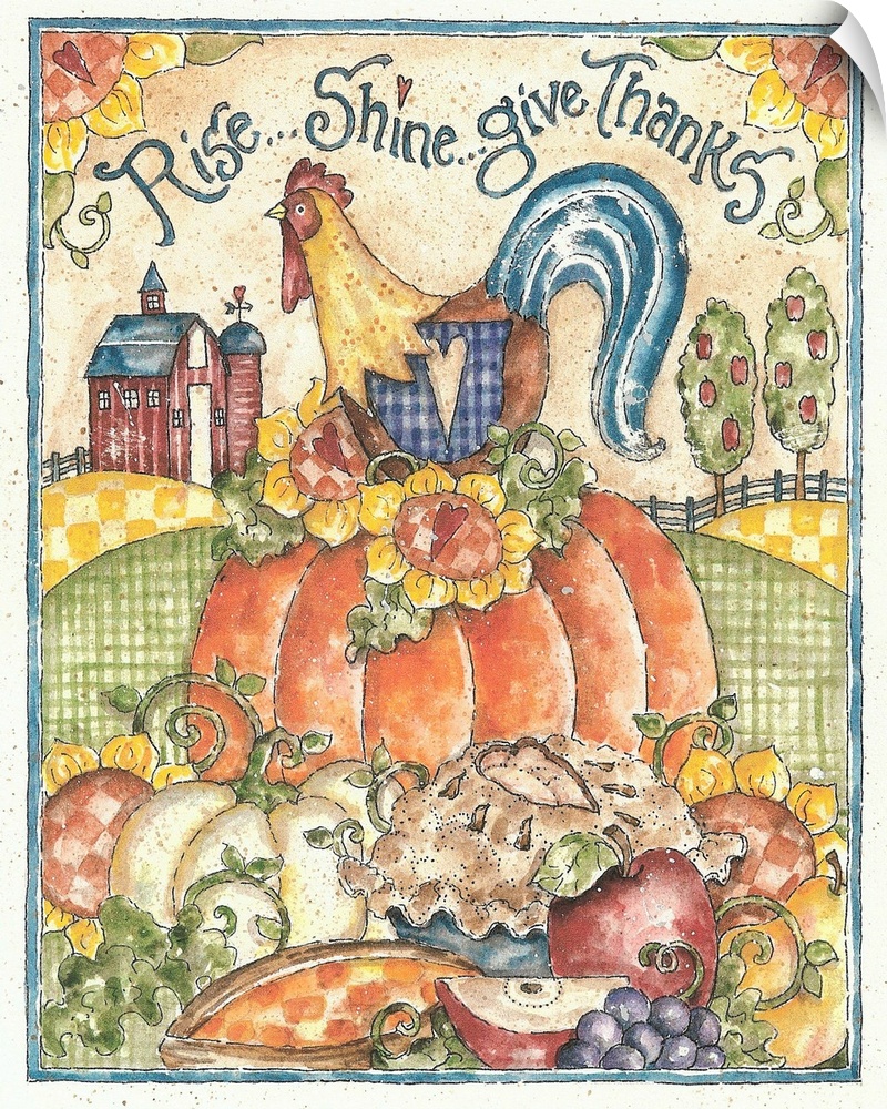 Folk artwork of a rooster sitting on top of a pumpkin with a barn in the background.