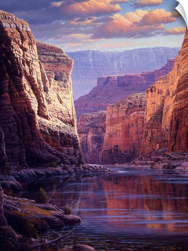 A calm river running through a canyon.