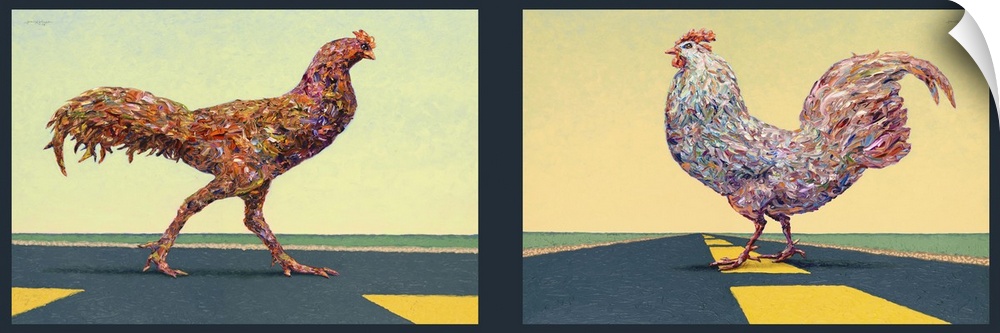 Matching paintings of two chickens in the middle of the street.