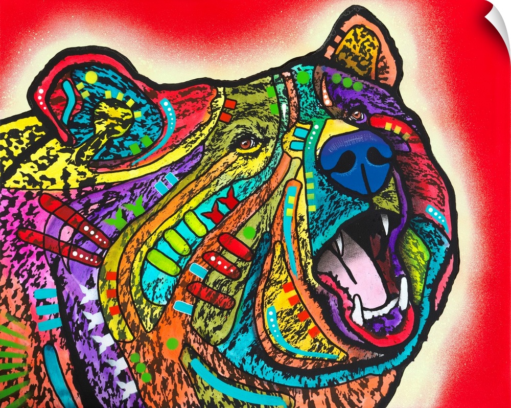Contemporary stencil painting of a bear filled with various colors and patterns.