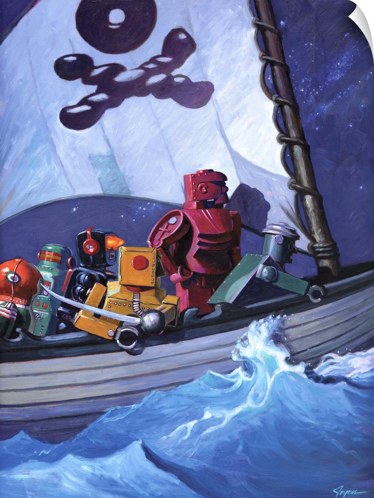 A contemporary painting of a pirate ship with different colored retro toy robots sailing the high seas.