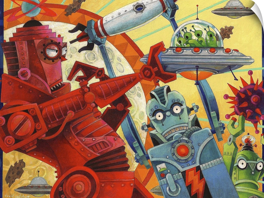 Contemporary piece of artwork with robots fighting alien ships, with rockets zooming all around.