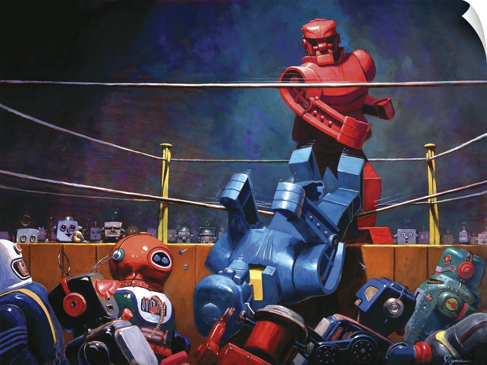 A contemporary painting of a giant retro toy robot boxing match.