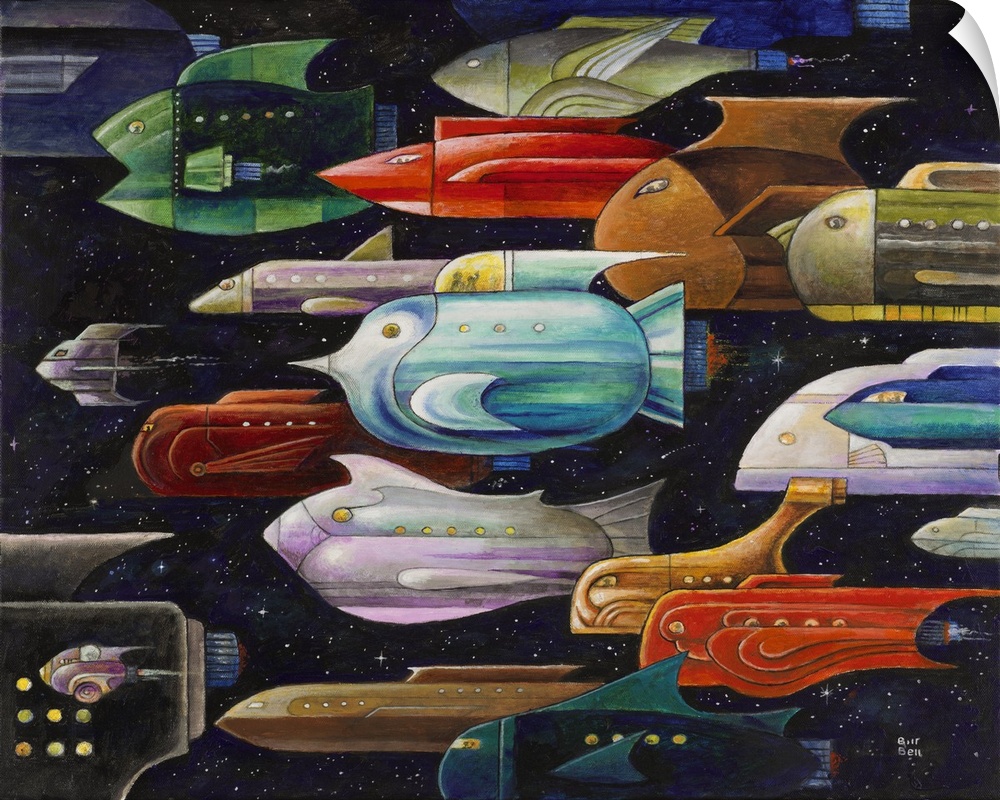 A painting of a group of spaceships in the shapes of fish.
