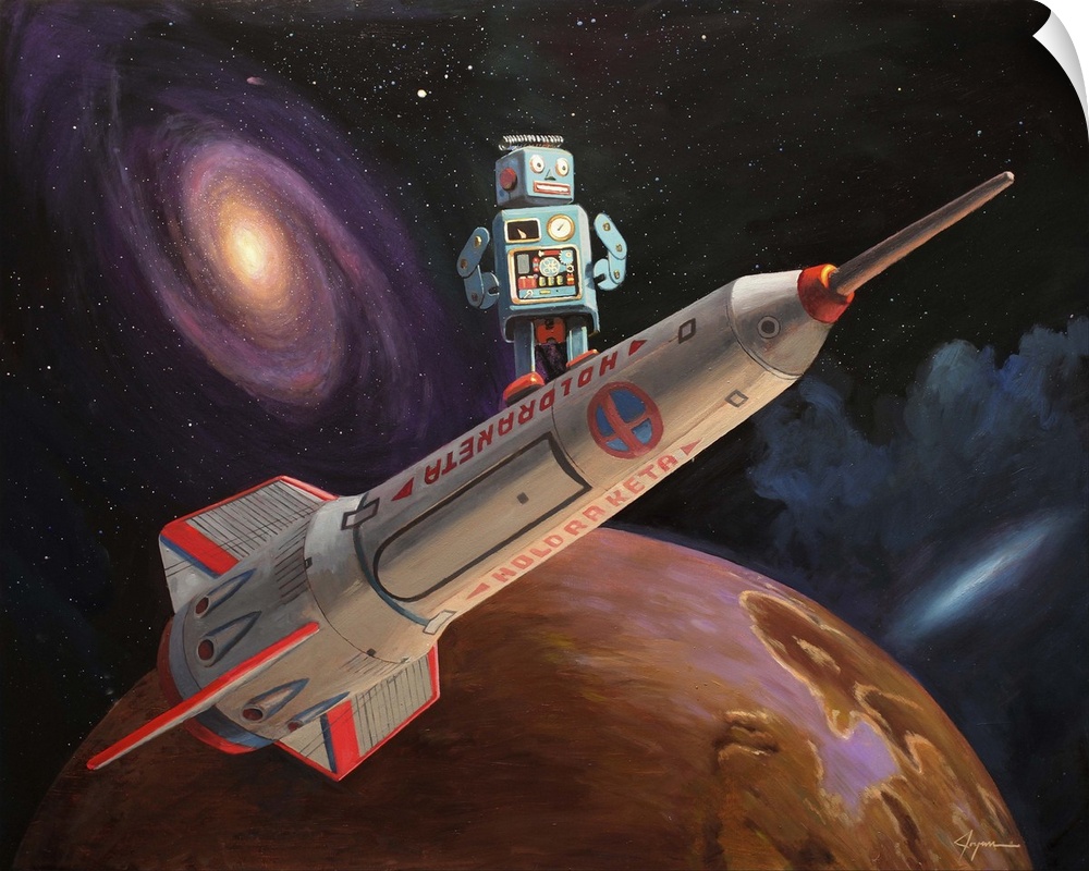 A contemporary painting of a mint green retro toy robot standing on a rocket ship with an outer space background.
