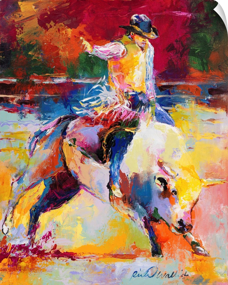 Colorful abstract painting of a man riding a bull at a rodeo.