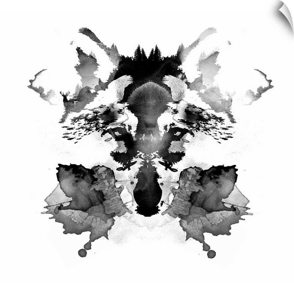 Contemporary artwork of a wolf face in a Rorschach ink blot.