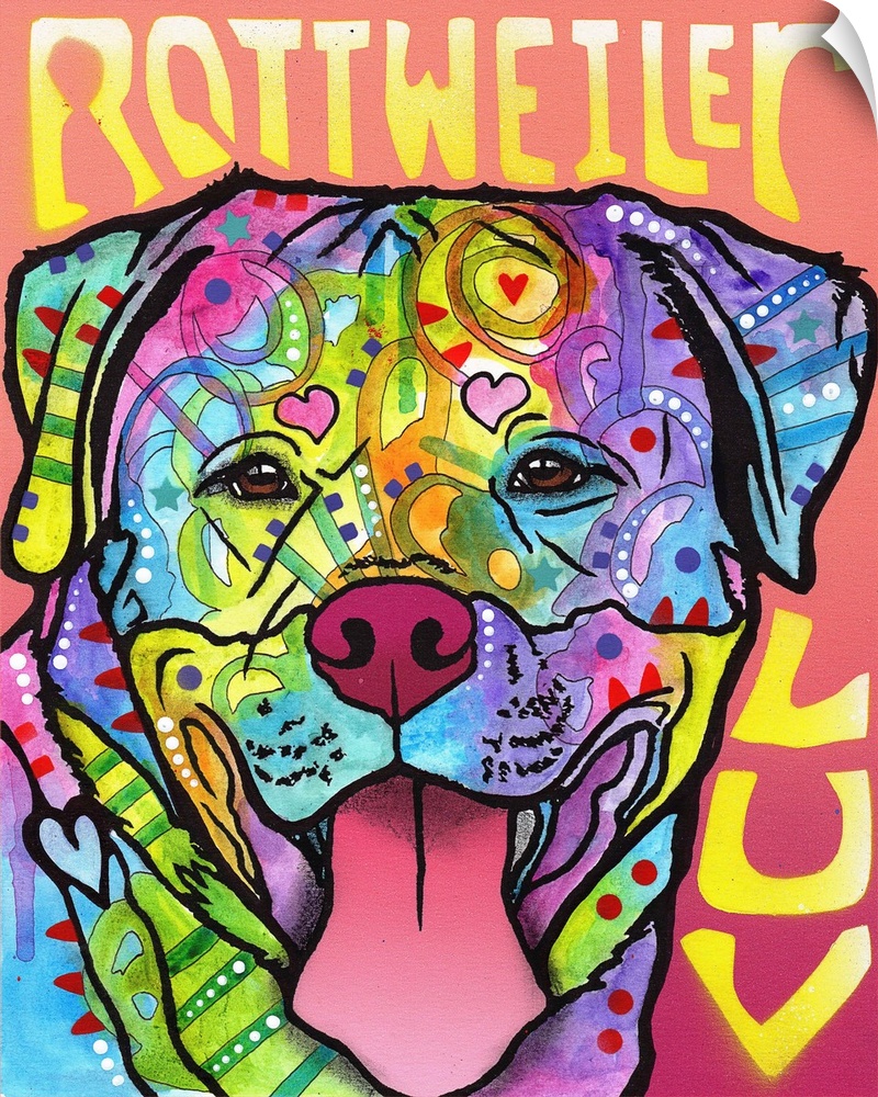 "Rottweiler Luv" written around a colorful painting of a Rottweiler with abstract markings.