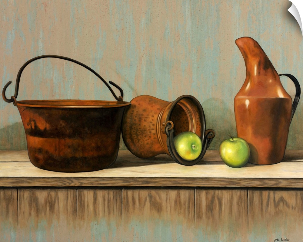 Old copper pails and jug with two green apples