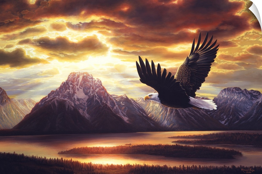 An eagle flies near a mountain range at sunset, with sunlight filtering through the dark clouds.