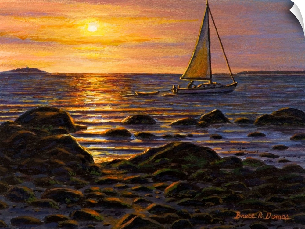 Contemporary artwork of a sailboat in the water at sunset.