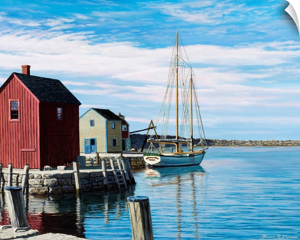 Contemporary painting of a boat and houses at a harbor in Rockport, Massachusetts.