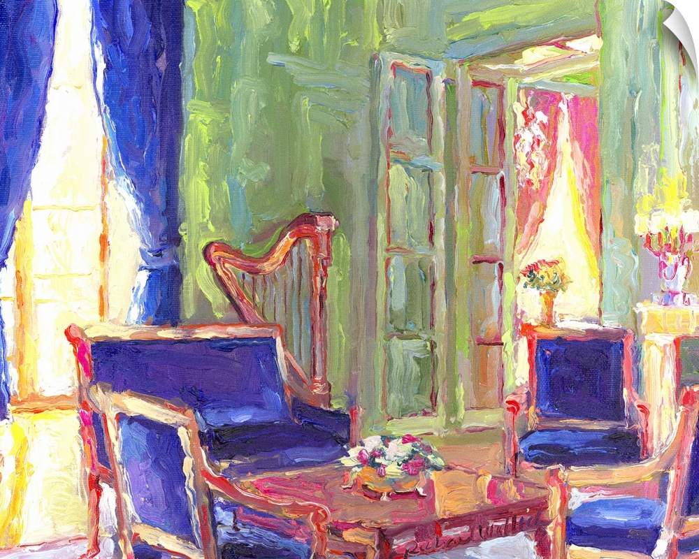 Contemporary colorful painting of a salon with fancy blue furniture and a harp.