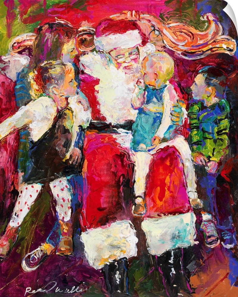 Contemporary painting of children on Santa's lap telling him what they want for Christmas.