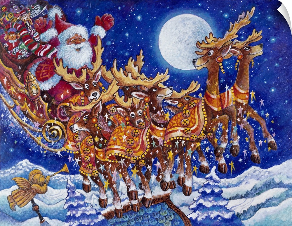 Santa on roof in sleigh pulled by reindeer.