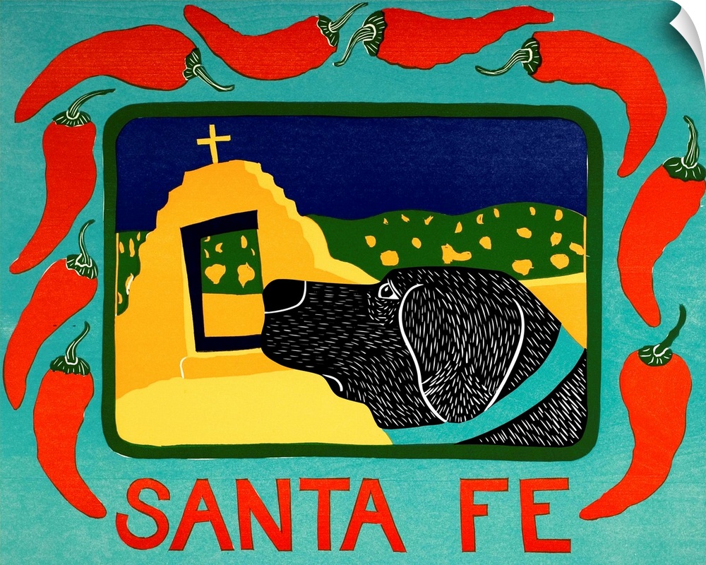 Illustration of a black lab in Santa Fe framed in a blue frame with red chilies on it and the word "Santa Fe"