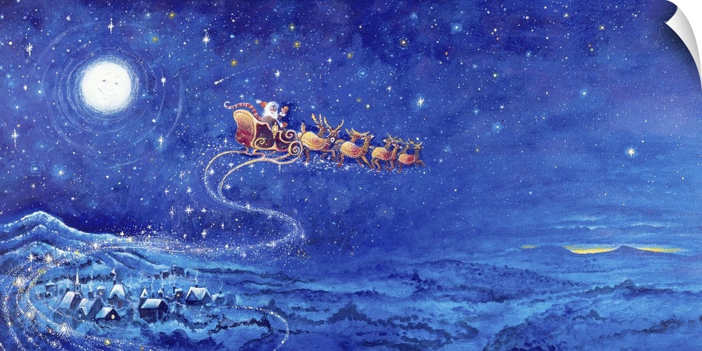 Santa in night sky over winter village in sleigh pulled by reindeer.