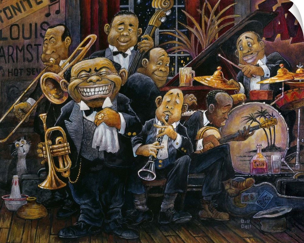 Caricature of Louis Armstrong with jazz band in club.