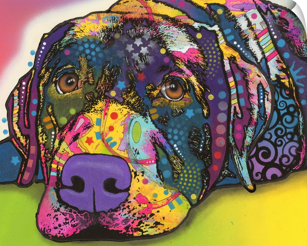 Colorful painting of a Labrador with graffiti-like designs all over.