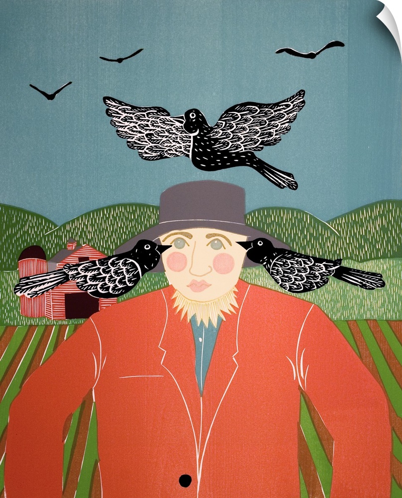 Illustration of a scarecrow in a field surrounded by black crows with a red barn in the background.