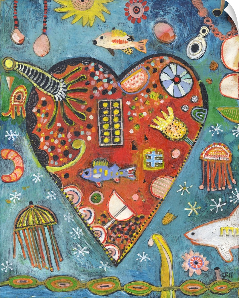 Lighthearted contemporary painting of a heart with a collage of marine life inside.