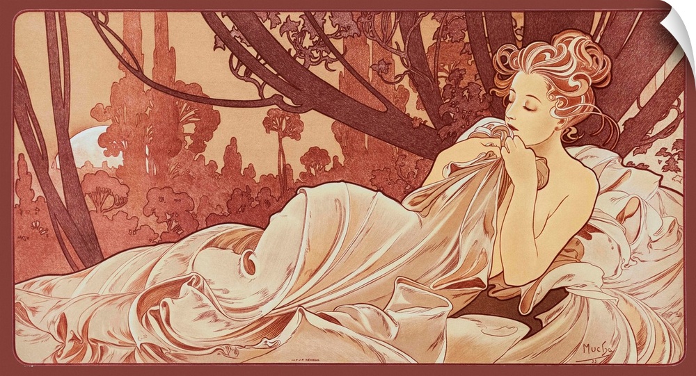 Sepia toned artwork of a woman draped in a silky cloth while lying on a bed.
