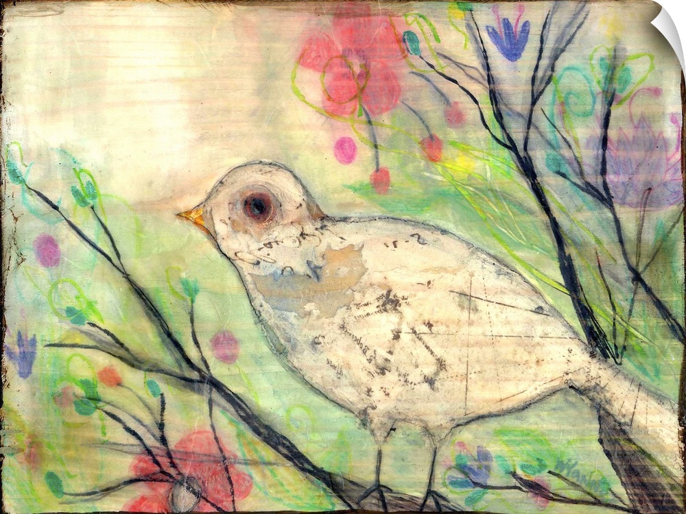 Painting of a white bird in a tree with colorful flowers.