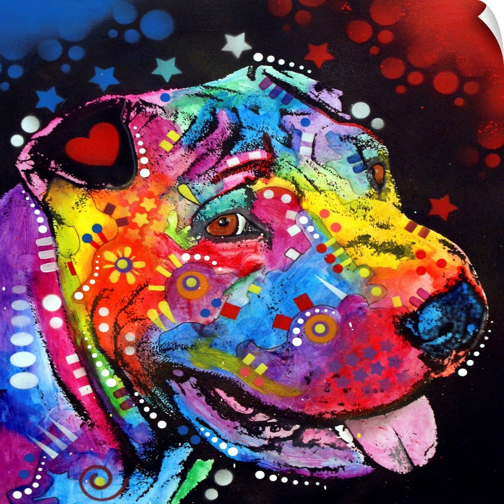 Contemporary stencil painting of a shar pei filled with various colors and patterns.