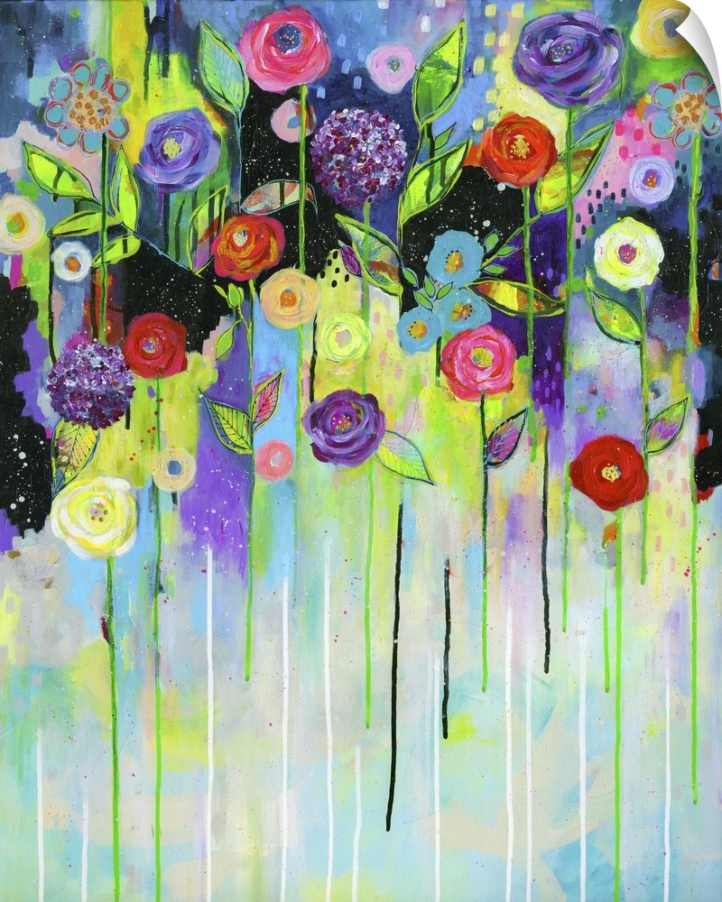 Contemporary painting with vibrant flowers at the top with stems and paint dripping down to the bottom on a colorful, abst...