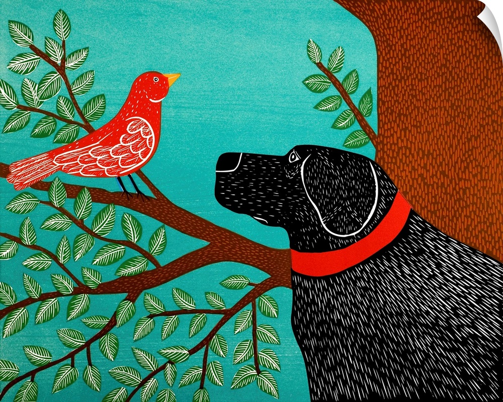 Illustration of a black lab starring at a red bird perched on a tree branch.