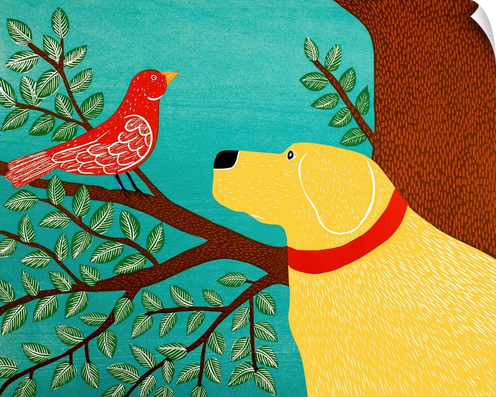 Illustration of a yellow lab starring at a red bird perched on a tree branch.