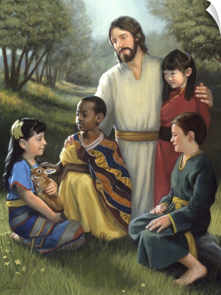 Jesus with children of different ethnicities gathered around him.