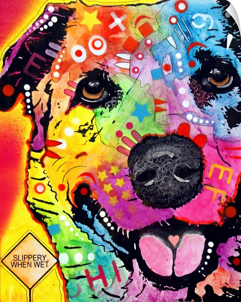 Contemporary stencil painting of a german shepherd and labrador retriever mix filled with various colors and patterns.