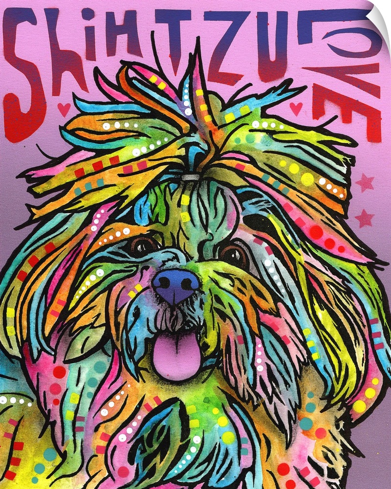 "Shih Tzu Love" written around a colorful painting of a Shih Tzu with abstract markings on a purple background.