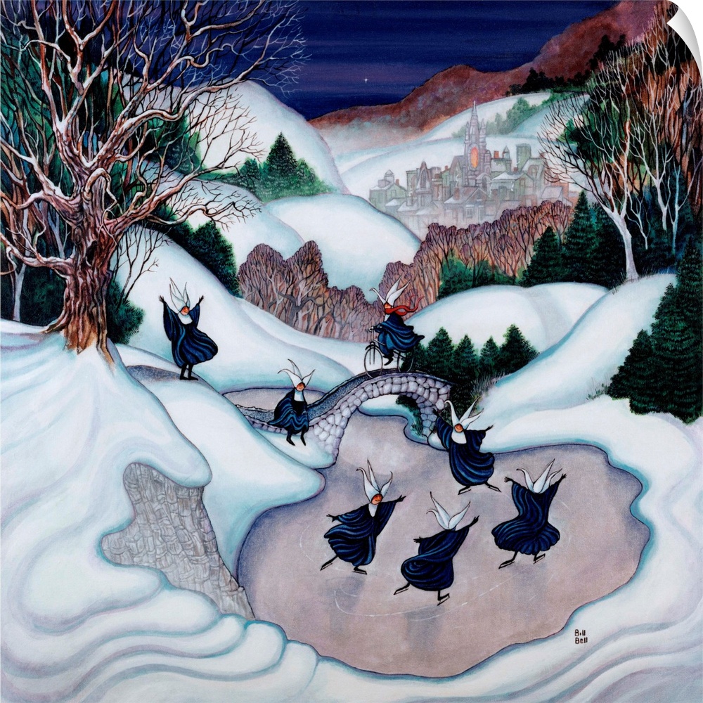 A painting of ice skating nuns on a frozen lake, with a village in the distance.