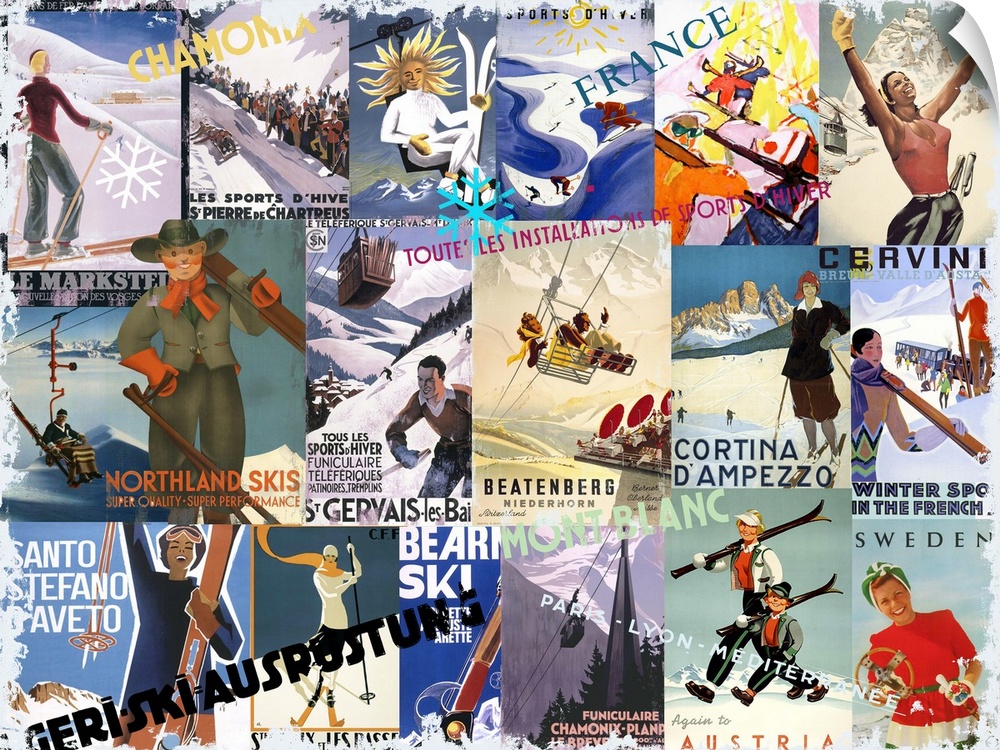 Collage made of vintage travel posters of ski resorts and destinations.