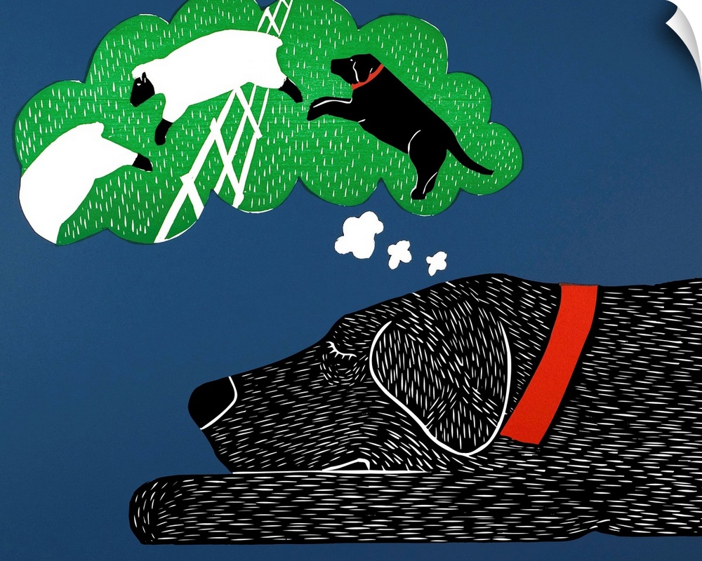 Illustration of a black lab taking a nap and dreaming of herding sheep.