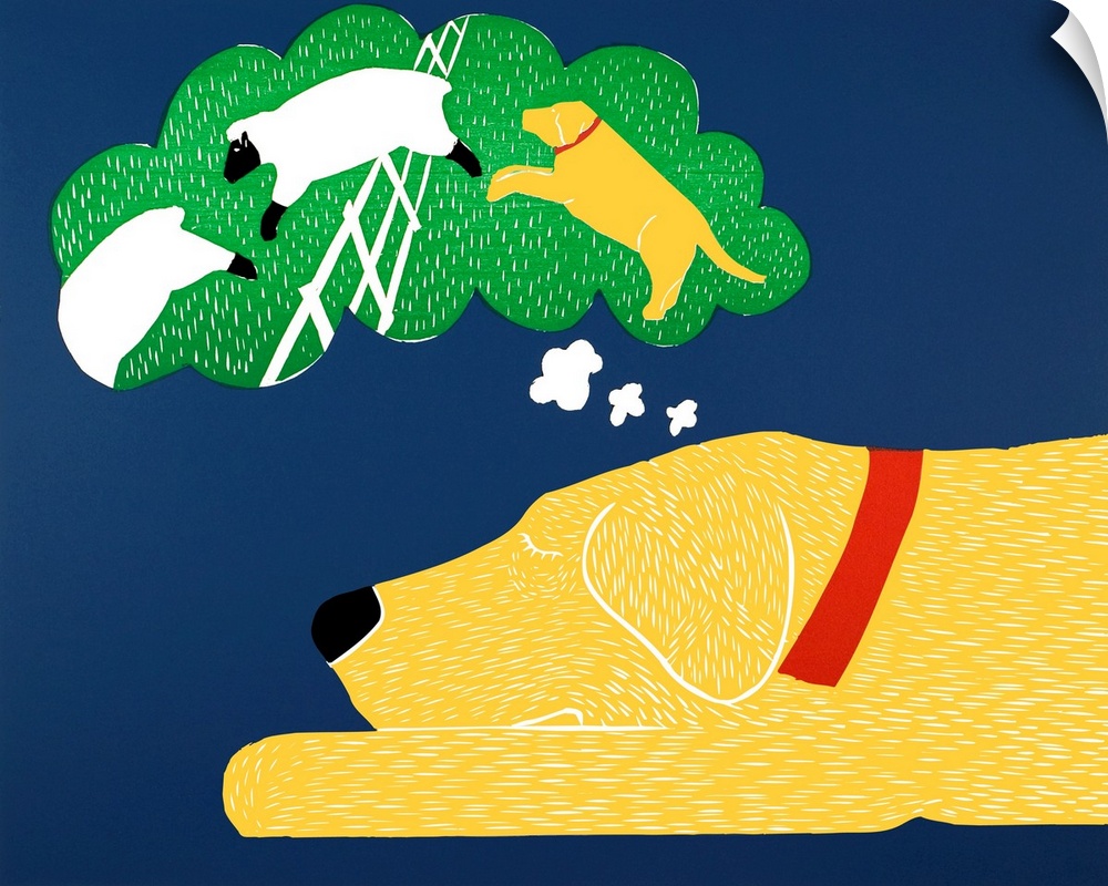 Illustration of a yellow lab taking a nap and dreaming of herding sheep.