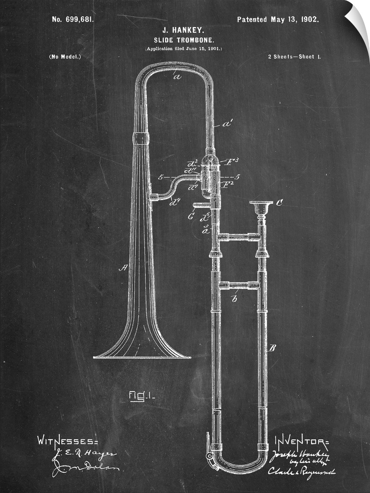 Black and white diagram showing the parts of a slide trombone.