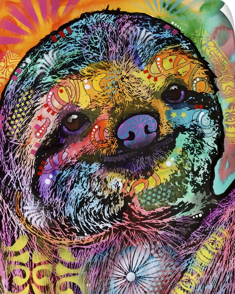 Vibrant illustration of a colorful sloth with graffiti-like designs all over.