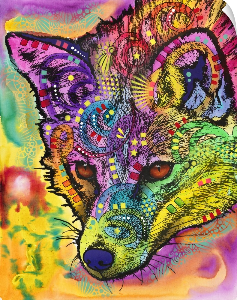 Vibrant illustration of a colorful wolf with graffiti-like designs all over.