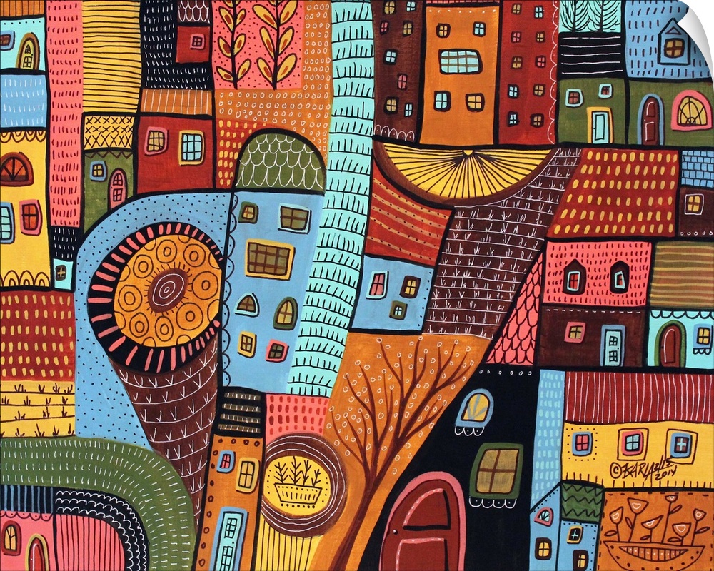 Contemporary painting of a village made of different colored houses.