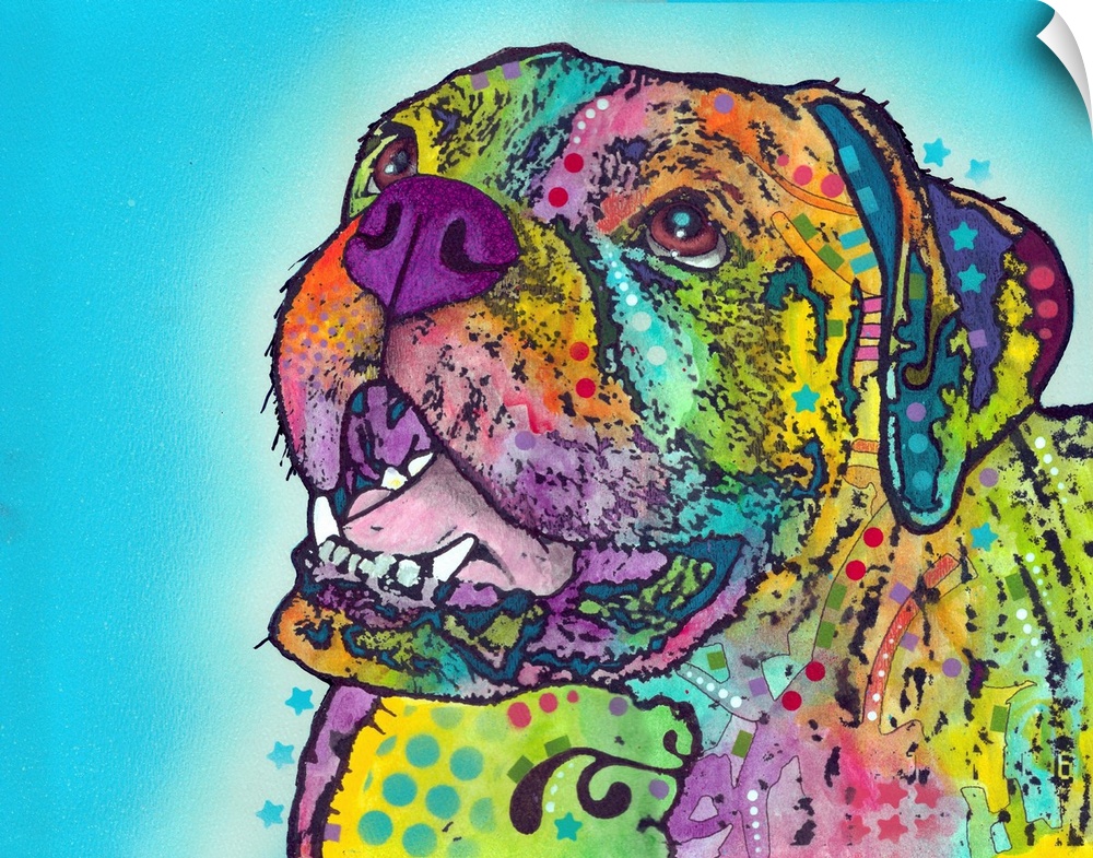 Contemporary stencil painting of a smiling boxer filled with various colors and patterns.